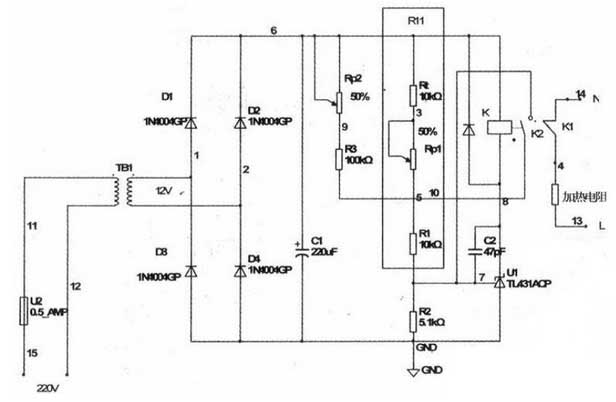Diagrama de circuito integrado de control de temperatura TL431